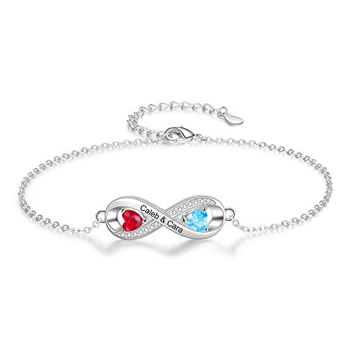 Personalisiert Unendlichkeit Liebe Herz Knöchel Armbänder zum Frauen Teen Mädchen Silber Knöchel Armband 2 Geburtsstein Graviert 2 Namen Fußkette Geschenk Sommer Strand Kette 35cm Rhodium Überzogen von Gemszoo