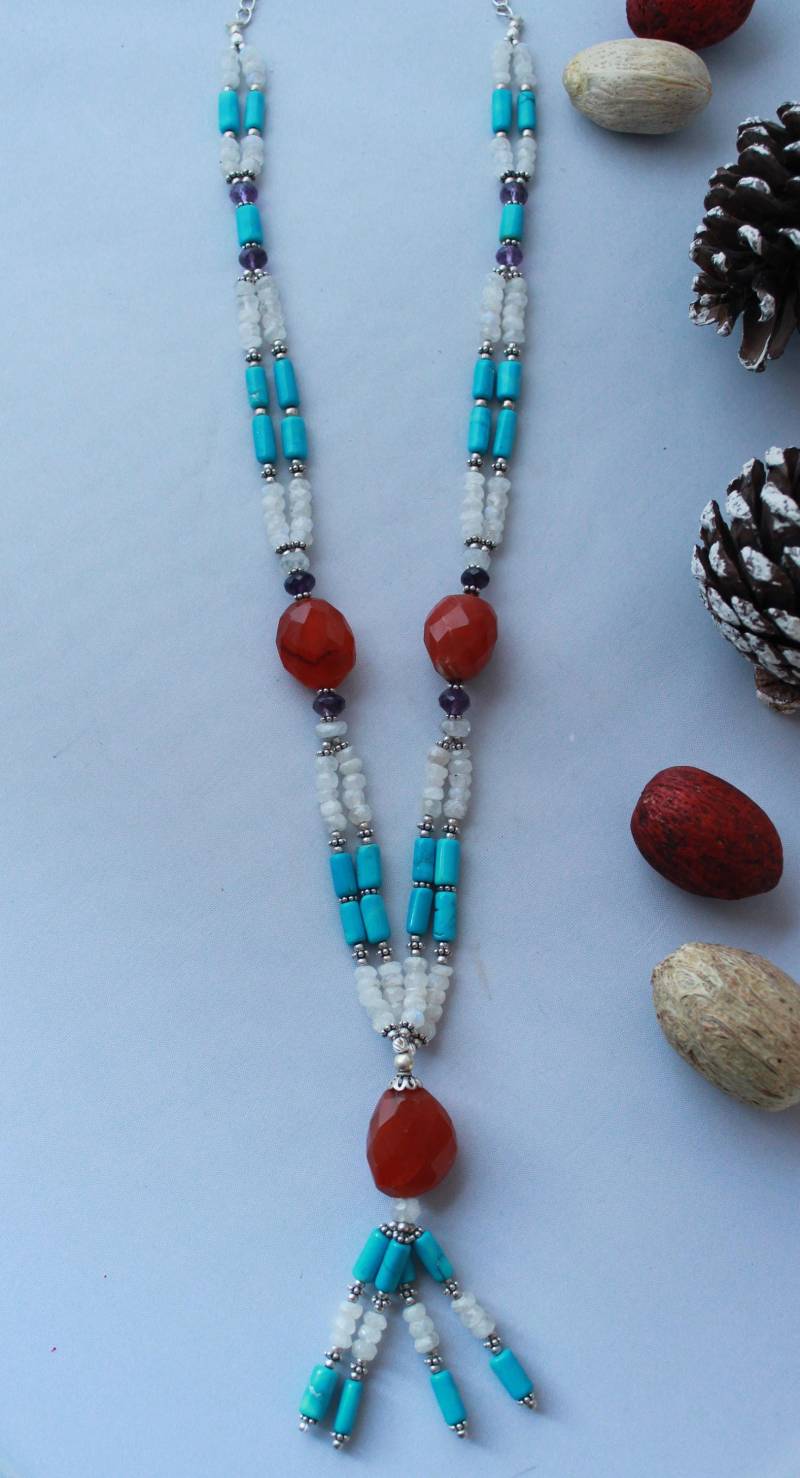 Einzigartige Halskette - Türkis, Mondstein, Karneol Und Amethyst in Sterling Silber Gesetzt von GemtasticUK