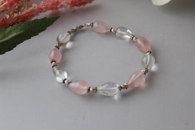 Schöne Rose Quarz Und Klare Armband Set in Sterling Silber von GemtasticUK