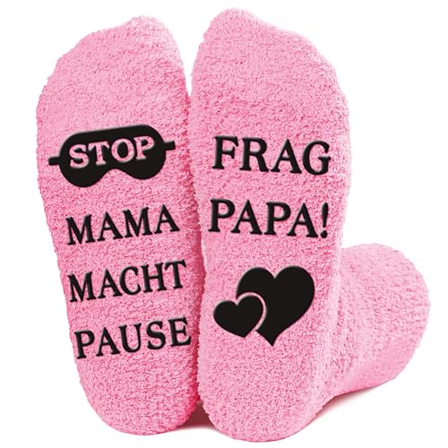 Gemtte Socken Geschenk Mama 38-41 Rutschfest Baumwolle, Lustige Socken mit Spruch MAMA MACHT PAUSE! FRAG PAPA! Geburtstag Geschenk Muttertag für Frau Damen Weihnachtssocken von Gemtte