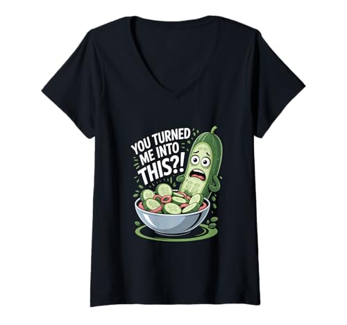 Damen Gurke Cartoon You Turned Me Into This Salat Humor T-Shirt mit V-Ausschnitt Damen Gurke Cartoon You Turned Me Into This Salat Humor T-Shirt mit V-Ausschnitt von Gemüse Humor Lustig Gurke Cartoon Vegan Küche