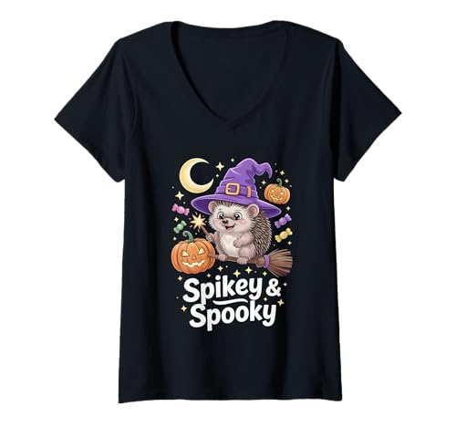 Damen Spikey & Spooky - Niedlicher Halloween Igel T-Shirt mit V-Ausschnitt Damen Spikey & Spooky - Niedlicher Halloween Igel T-Shirt mit V-Ausschnitt von Gemütliche, niedliche und gruselige Halloweenparty