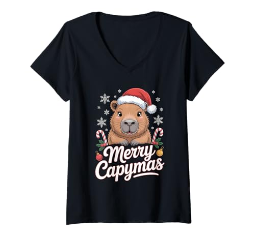 Damen Merry Capymas - Lustige Weihnachten Capybara T-Shirt mit V-Ausschnitt Damen Merry Capymas - Lustige Weihnachten Capybara T-Shirt mit V-Ausschnitt von Gemütliche Weihnachten im Capybara Style