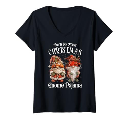 Damen Offizieller Weihnachtsfeiertagsfeiertag T-Shirt mit V-Ausschnitt von Gemütlicher Gnom -Pyjama -Weihnachtsstimmung