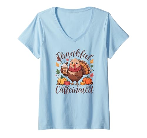 Damen Dankbar und koffeinhaltig lustiger Thanksgiving T-Shirt mit V-Ausschnitt Damen Dankbar und koffeinhaltig lustiger Thanksgiving T-Shirt mit V-Ausschnitt von Gemütlicher Herbst Truthahn mit Latte &