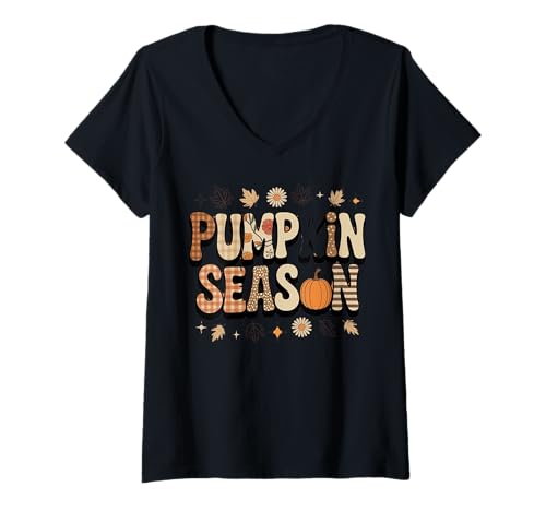 Damen Kürbiszeit Retro Herbst Herbstblätter Ernte T-Shirt mit V-Ausschnitt von Gemütlicher Retro -Kürbis -Herbst -Vibes