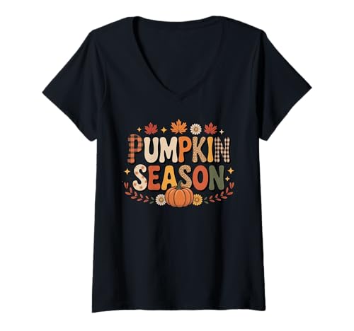 Damen Kürbiszeit Retro Herbst Herbstblätter Ernte T-Shirt mit V-Ausschnitt Damen Kürbiszeit Retro Herbst Herbstblätter Ernte T-Shirt mit V-Ausschnitt von Gemütlicher Retro -Kürbis -Herbst -Vibes