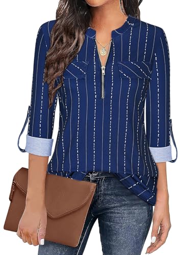 Gemulate 3/4 Ärmel Oberteile Damen V-Ausschnitt Bluse Damen Elegant Tunika Langarm Longshirt Festliche Kleidung Basic Langarmshirt Dunkelblau Gestreifte M von Gemulate