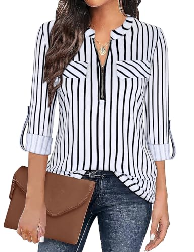 Gemulate 3/4 Ärmel Oberteile Damen V-Ausschnitt Bluse Damen Elegant Tunika Langarm Longshirt Festliche Kleidung Basic Langarmshirt Weiß Gestreifte XXXL von Gemulate