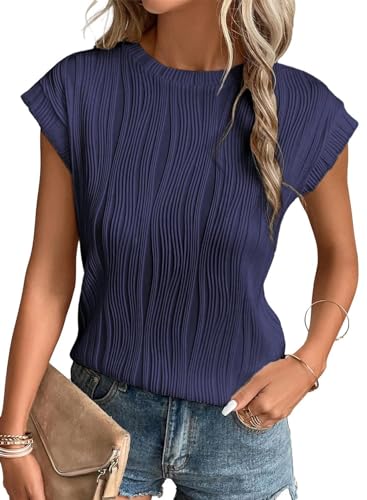 Gemulate Bluse Kurzarm Damen elegant blusenshirt Sommer Oberteile Casual Rundhals Oberteile Marineblau M von Gemulate
