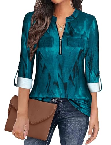 Gemulate Blusen & Tuniken für Damen V-Ausschnitt Longshirt Oberteil 3/4 Ärmel ReißVerschluss Tunika Tops Longshirt Hemd T-Shirt Longbluse Pfauenblau XXXL von Gemulate