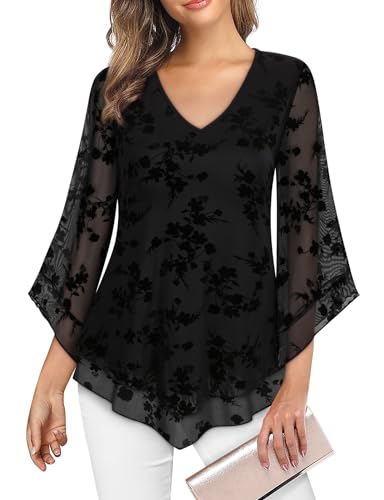 Gemulate Damen 3/4 Ärmel Oberteil Tunika Shirt Elegant Doppellagig V-Ausschnitt Mesh Locker Longshirt Festliche Bluse Tuniken M-3XL von Gemulate