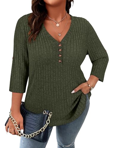 Gemulate Damen Bekleidung Übergröße Basic V-Ausschnitt Pullover Tunika Einfarbige Blusenshirt Herbst/Winter Sweatshirt Armeegrün XXL von Gemulate