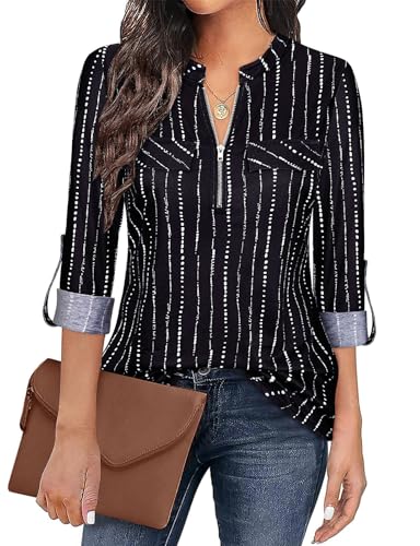 Gemulate Damenblusen Langarm V-Ausschnitt Kariert Bluse 3/4 Ärmel Kurzarm Reißverschluss Tunika Tops Longshirt Hemd T-Shirt Schwarz Gestreifte XL von Gemulate