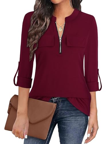 Gemulate Damen V-Ausschnitt 3/4 Ärmel Bluse Einfarbig Kariertes Hemd Reißverschluss Tunika Tops Longshirt Hemd T-Shirt Elegant Sommerbluse Weinrot XXL von Gemulate