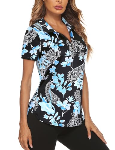 Gemulate Damen Gym Sport Top Kurzarm Yoga v Ausschnitt Tops Leicht Laufshirts Fitness Langarmshirt Workout Oberteil Sportshirts für Damen Blaue Blumen M von Gemulate