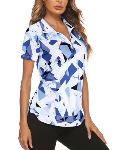 Gemulate Damen Gym Tops Kurzarm Yoga Running T-Shirt Halber Reißverschluss Sport Tops v Ausschnitt Damen Leicht Workout Fitness Tshirt Helblau S von Gemulate