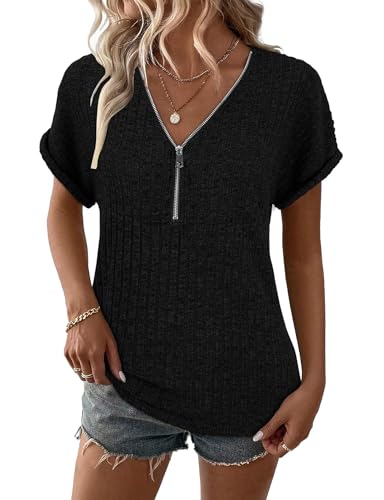 Gemulate Damen Sommer Oberteil einfarbige t-Shirts Casual Kurzarm Basic Bluse Shirt Summer Tshirt Frauen Sommer frühlings Outfit Schwarz XL von Gemulate