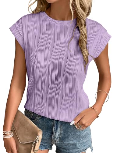 Gemulate Damen Sommer T Shirt Round Neck Kurzarm Oversize Shirts Cap Sleeve Oberteile Damen Freizeit Hellviolett M von Gemulate