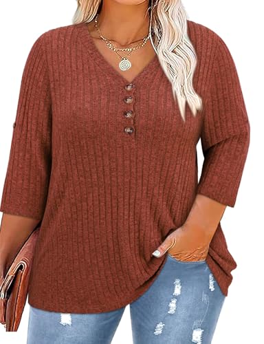 Gemulate Damen große Größen Oberteile Plus Size Sweatshirt T-Shirts Bluse Sommer einfarbige Übergröße gestreiftes v Ausschnitt Oberteil Rostbraun XL Gemulate Damen große Größen Oberteile Plus Size Sweatshirt T-Shirts Bluse Sommer einfarbige Übergröße gestreiftes v Ausschnitt Oberteil Rostbraun XL von Gemulate