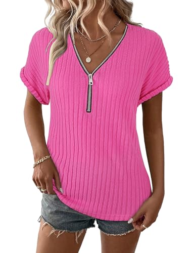 Gemulate Damen top v Ausschnitt t Shirts Kleider frühling tees Sommer Kurzarm Oberteil einfarbig täglich t Bluse Damen elegant Ringelshirt Rosa M von Gemulate