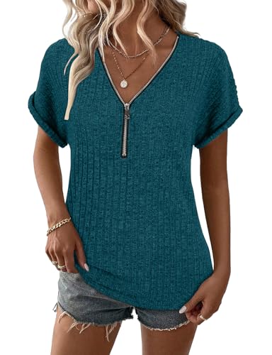 Gemulate Damenmode Sommer Kurzarm t-Shirt t Shirts Casual Oberteile Bluse Frauen Bohemian Kleidung Tunika Jeansbluse Dunkelcyan M von Gemulate