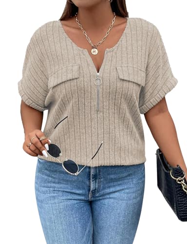 Gemulate Große Größen Damen Kurzarm Bluse Plus Size Damen Kleidung Tops Sommer V-Ausschnitt Oberteile mit Reißverschluss Basic Bluse Business Outfit XL -5XL von Gemulate