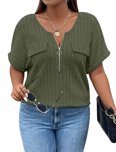 Gemulate Große Größen Damen Kurzarm Bluse Plus Size Damen Kleidung Tops Sommer V-Ausschnitt Oberteile mit Reißverschluss Basic Bluse Business Outfit XL -5XL Gemulate Große Größen Damen Kurzarm Bluse Plus Size Damen Kleidung Tops Sommer V-Ausschnitt Oberteile mit Reißverschluss Basic Bluse Business Outfit XL -5XL von Gemulate