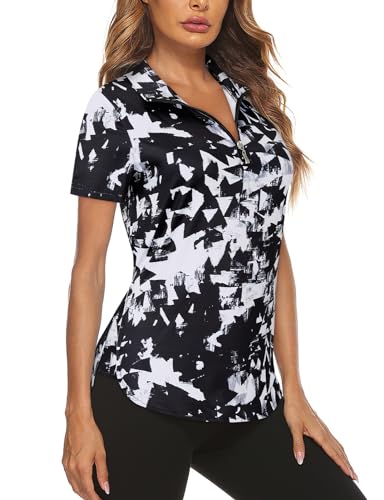 Gemulate Kurzarm T-Shirt Damen Gym Top Sport Oberteil Yoga Crop Top Sportshirt Leicht Fitness Oberteil mit Halbem Reißverschluss Schwarze Geometrie XXL von Gemulate