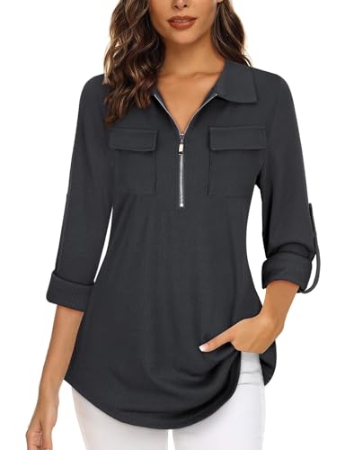 Gemulate Longbluse Damen Lässig für Leggings Langarmshirt Elegant V-Ausschnitt Bluse 3/4 Ärmel Oberteile Tunika Tops Blusen & Tuniken für Damen Business Outfit Oberteile Dunkelgrau M von Gemulate