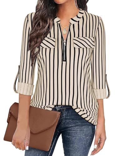 Gemulate Longshirt Damen Langarm 3/4 Ärmel Oberteile V-Ausschnitt Karierte Bluse Damen Elegant Tunika Langarm Longshirt Tunika Tops Basic Langarmshirt Khaki Gestreifte XL von Gemulate