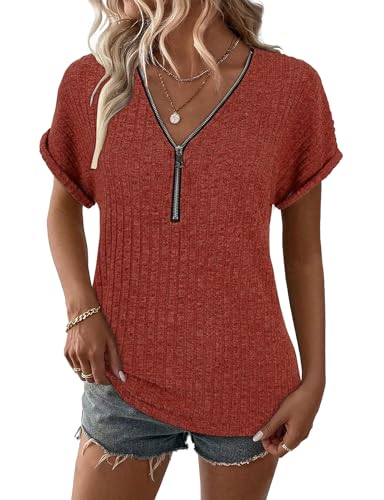Gemulate Sommer Oberteile Kurzarm Shirt mit v Ausschnitt t-Shirt Damen große größen frühling Tshirt Oberteil Women's t-Shirts Blouse Damen Karamell XXL von Gemulate