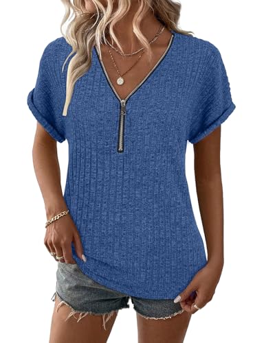 Gemulate Sommer lässiges Kurzarm Oberteile Summer Tops t Shirt Damen Grosse grössen Bluse elegant Tops Shirts Tunic Saphirblau S von Gemulate