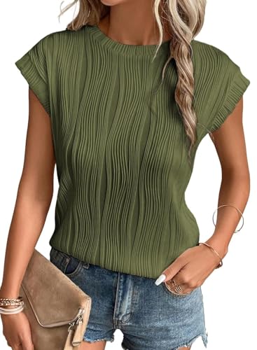 Gemulate Tshirt Damen Kurzarm Oberteile T-Shirts Rundhals Bluse Sommer einfarbige Tees für Damen Womens Textured Tops Dschungelgrün L von Gemulate