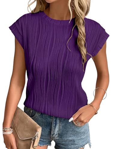 Gemulate Tshirt Damen Kurzarm Oberteile T-Shirts Rundhals Bluse Sommer einfarbige Tees für Damen Womens Textured Tops Dunkelviolett M von Gemulate
