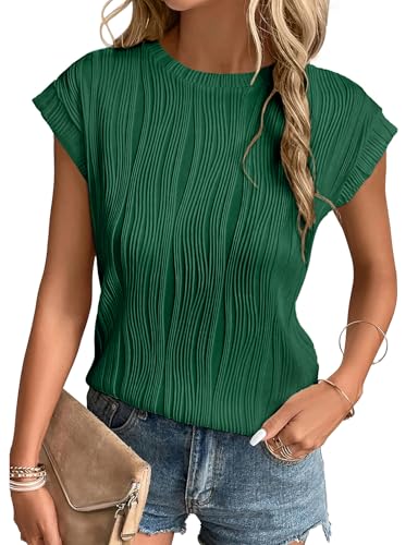 Gemulate Tshirt Damen Kurzarm Oberteile T-Shirts Rundhals Bluse Sommer einfarbige Tees für Damen Womens Textured Tops Grün XXL von Gemulate