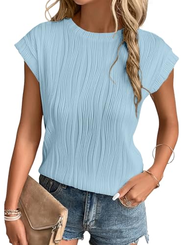 Gemulate Tshirt Damen Kurzarm Oberteile T-Shirts Rundhals Bluse Sommer einfarbige Tees für Damen Womens Textured Tops Hellblau S von Gemulate