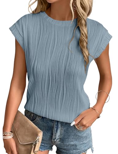 Gemulate Tshirt Damen Kurzarm Oberteile T-Shirts Rundhals Bluse Sommer einfarbige Tees für Damen Womens Textured Tops Seeblau M von Gemulate