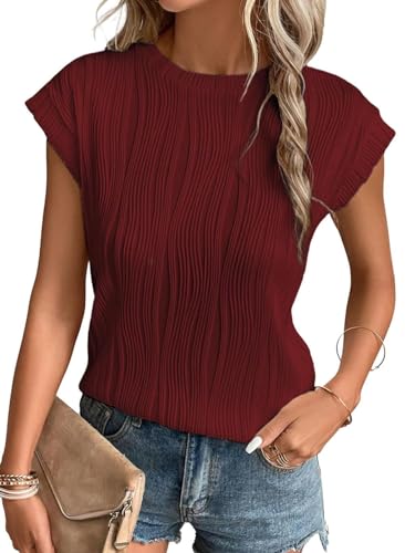 Gemulate Tshirt Damen Kurzarm Oberteile T-Shirts Rundhals Bluse Sommer einfarbige Tees für Damen Womens Textured Tops Weinrot L von Gemulate
