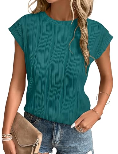 Gemulate Tshirt Damen ärmellos Rundhals T-Shirt Casual Kurzarm Oversize Shirt Damen Einfarbiges Oberteil Dunkelcyan L von Gemulate