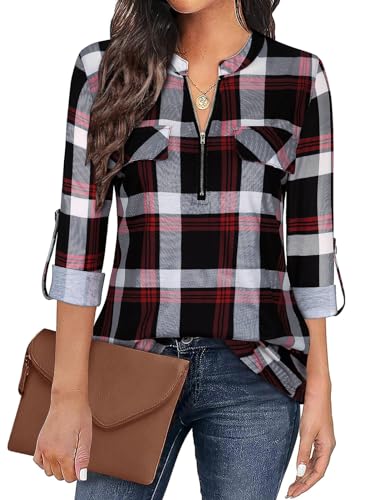 Gemulate V-Ausschnitt Longshirt Damen Langarm 3/4 Ärmel Tunika ReißVerschluss Longshirt Langarm Hemd Festliche Blusen Oberteile Frühlingsmode Damen Schwarz Rot Kariert XXXL von Gemulate