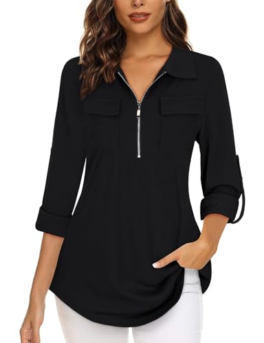 Gemulate V-Ausschnitt Longshirt Damen Langarm 3/4 Ärmel Tunika ReißVerschluss Longshirt Langarm Hemd Festliche Blusen Oberteile Longbluse Damen Elegant Schwarz XXXL von Gemulate