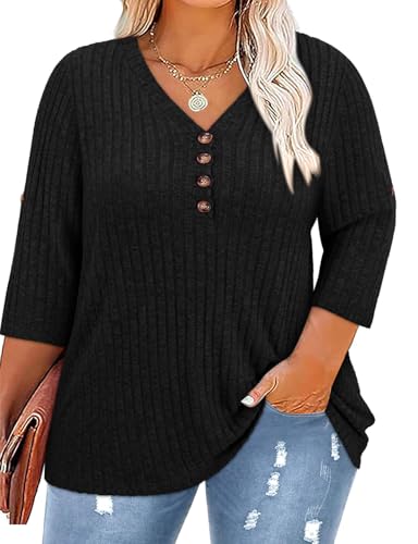 Gemulate Womens Clothing 3/4 Sleeve Jumpers Spring Summer Tshirts for Lady Tunika Damen Basic Herbst Langarmshirt Pullover gestreift Schwarz XXL von Gemulate