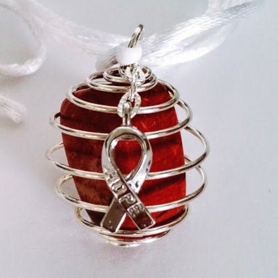Head/Neck Cancer ~ Red &white Awareness Gem Necklace | Hope Beacon Roter Jaspis, 24" Kordel Oder Kette, Silberband Charm, "Fundraiser" von Gemz4Gemz