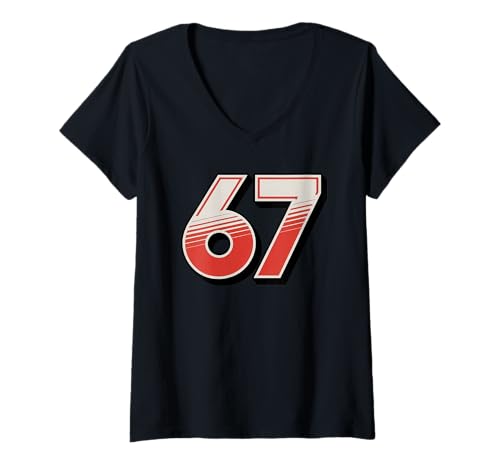 Damen Retro 70er - 67 Meme Six Seven T-Shirt mit V-Ausschnitt von Gen Alpha Meme Slang Basket