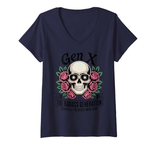 Damen Gen X Die Badass-Generation, Bevor Weicheier geboren wurden, Floral T-Shirt mit V-Ausschnitt Damen Gen X Die Badass-Generation, Bevor Weicheier geboren wurden, Floral T-Shirt mit V-Ausschnitt von Gen X Generation Funny Rock Hand Retro Skeleton