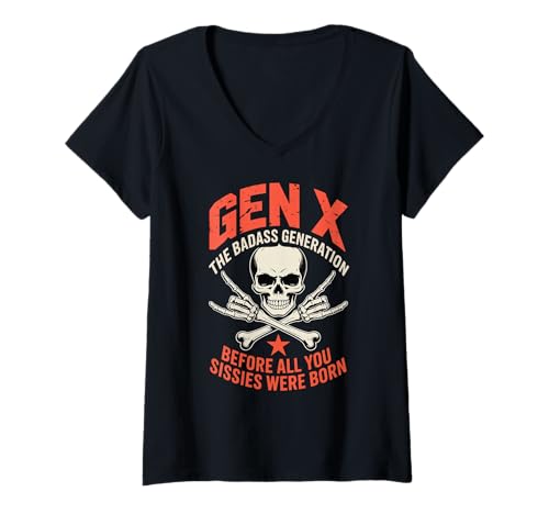 Damen Gen X Die Badass-Generation, Bevor Weicheier geboren wurden Lustig T-Shirt mit V-Ausschnitt Damen Gen X Die Badass-Generation, Bevor Weicheier geboren wurden Lustig T-Shirt mit V-Ausschnitt von Gen X Generation Funny Rock Hand Retro Skeleton