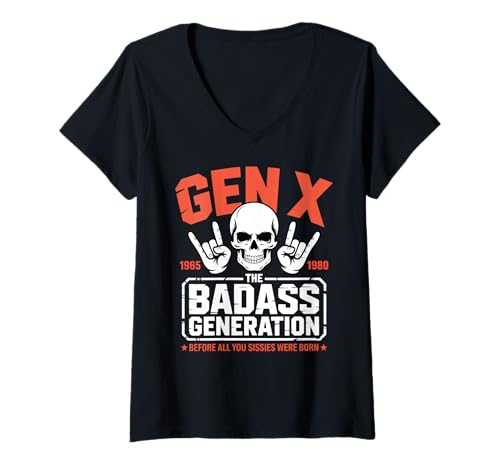 Damen Gen X Die Badass-Generation, Bevor Weicheier geboren wurden T-Shirt mit V-Ausschnitt Damen Gen X Die Badass-Generation, Bevor Weicheier geboren wurden T-Shirt mit V-Ausschnitt von Gen X Generation Funny Rock Hand Retro Skeleton