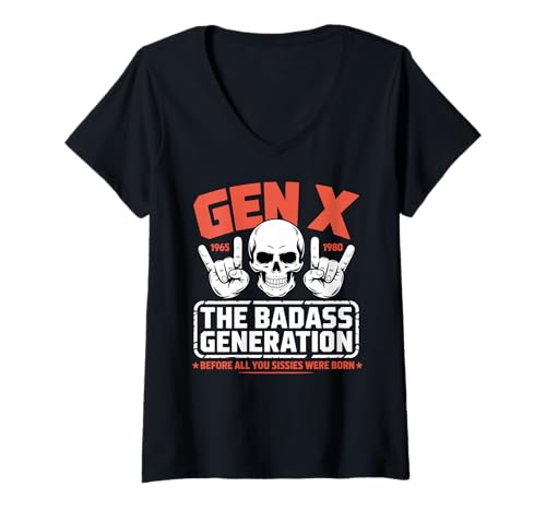 Damen Generation X Badass Generation, Bevor Weicheier geboren wurden Lustig T-Shirt mit V-Ausschnitt von Gen X Generation Funny Rock Hand Retro Skeleton