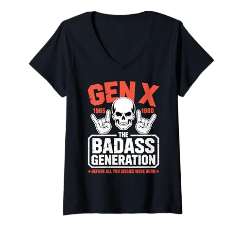 Damen Generation X Badass Generation Bevor Sissies geboren wurden Gen X T-Shirt mit V-Ausschnitt Damen Generation X Badass Generation Bevor Sissies geboren wurden Gen X T-Shirt mit V-Ausschnitt von Gen X Generation Funny Rock Hand Retro Skeleton